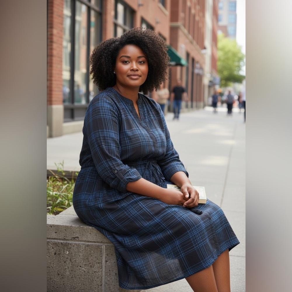 Lane Bryant Blue and Black Plaid Long Sleeve Drawstring Shirt Dress